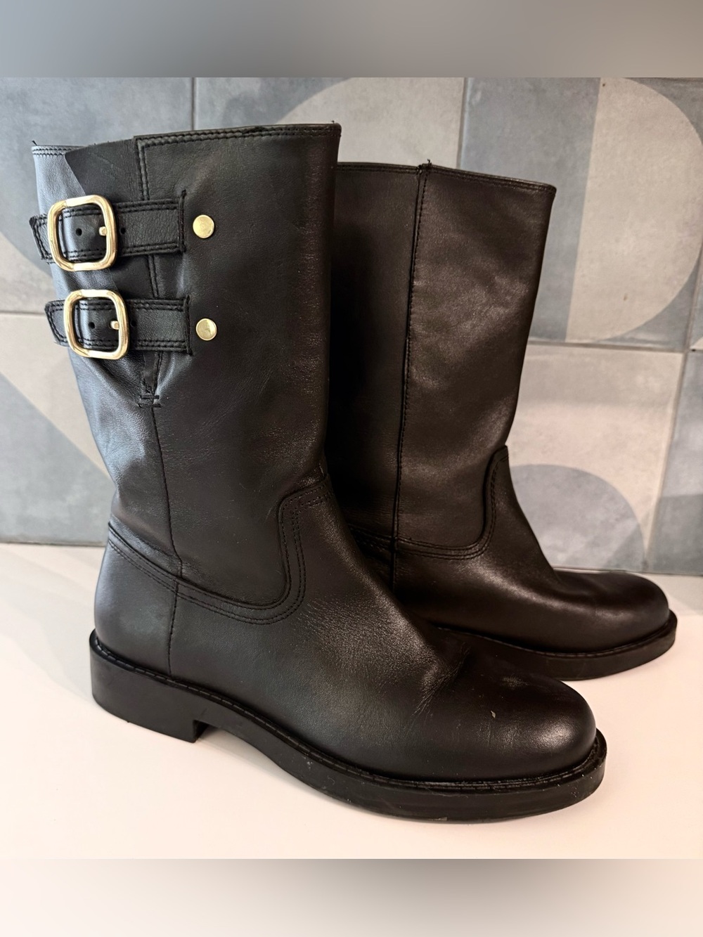 MNG black & gold buckle hardware moto boots- calf length EU 39 (US 8.5) - Picture 2 of 5